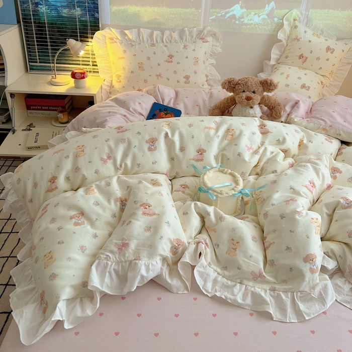 91家纺网 家纺一手货源 找家纺 （总）六巷胡同 2026新款韩式INS减龄花边款全棉卡通四件套（会员-5元)