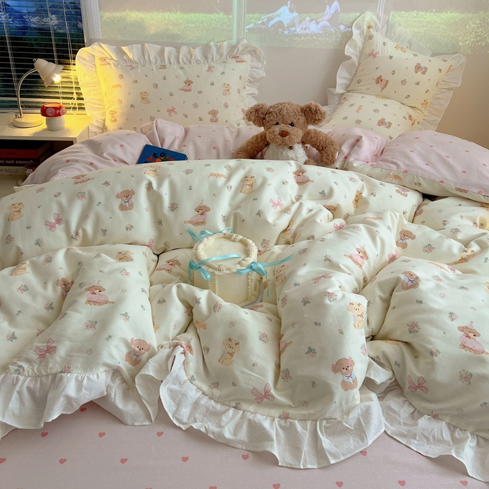 91家纺网 家纺一手货源 找家纺 （总）六巷胡同 2026新款韩式INS减龄花边款全棉卡通四件套（会员-5元)