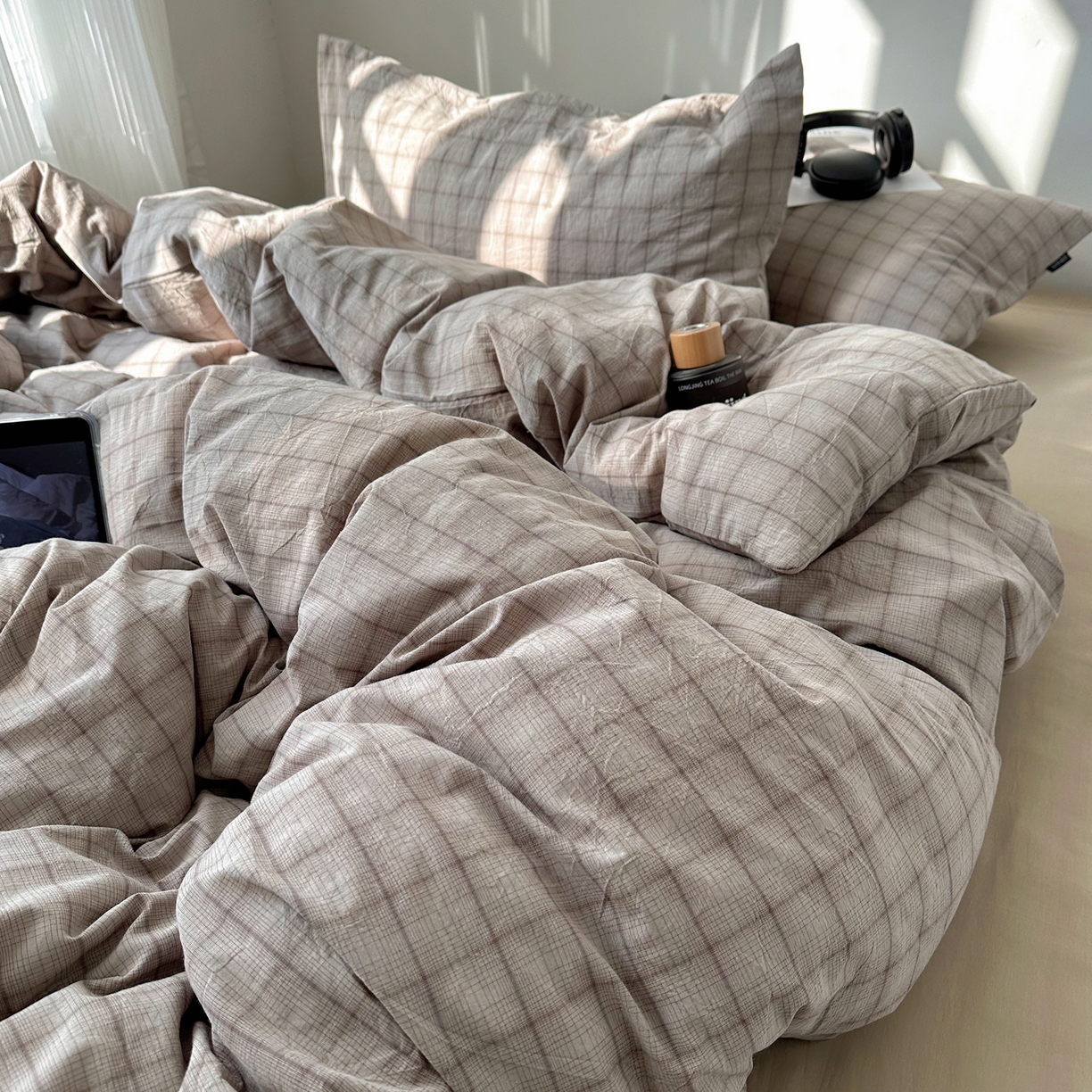 91家纺网 家纺一手货源 找家纺 XIWEN-希文家纺 2026春夏新款40支全棉纯棉色织水洗棉四件套 曼光-灰