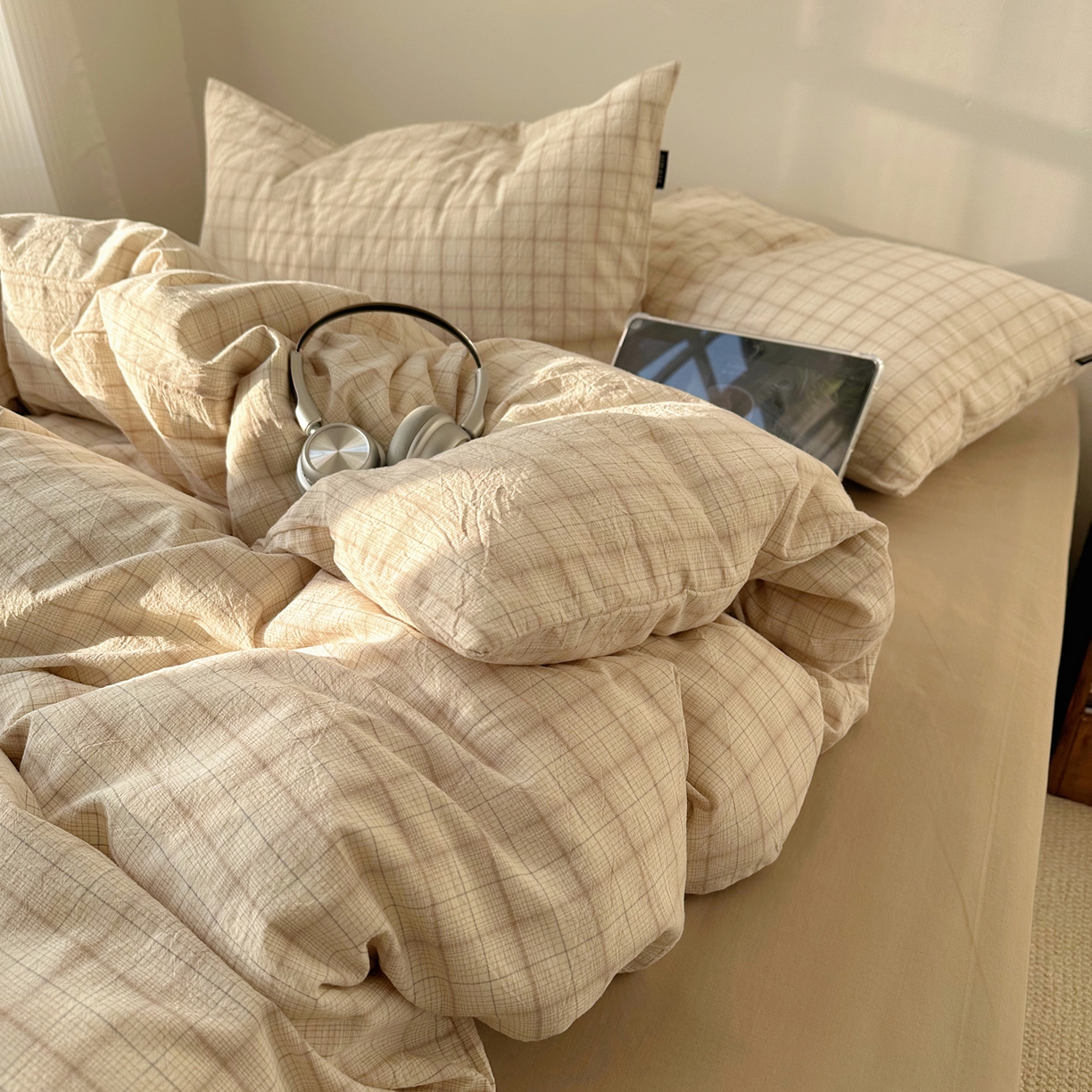 91家纺网 家纺一手货源 找家纺 XIWEN-希文家纺 2026春夏新款40支全棉纯棉色织水洗棉四件套 曼光-米