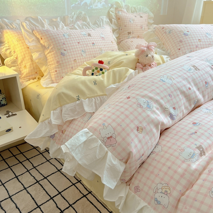 91家纺网 家纺一手货源 找家纺 六巷胡同 2026新款韩式INS减龄花边款全棉卡通四件套（会员-5元) 花边卡哇伊猫咪