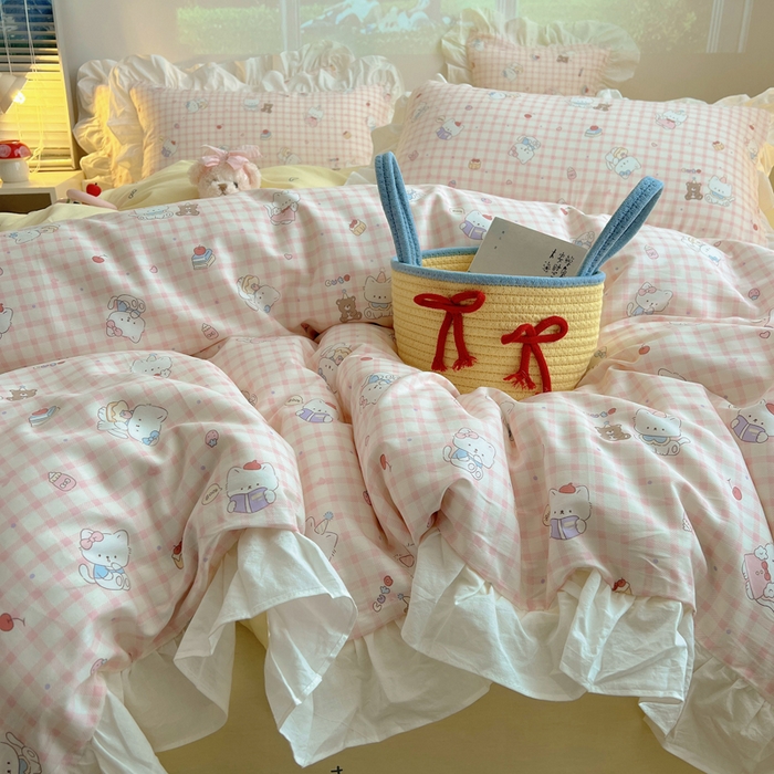 91家纺网 家纺一手货源 找家纺 六巷胡同 2026新款韩式INS减龄花边款全棉卡通四件套（会员-5元) 花边卡哇伊猫咪