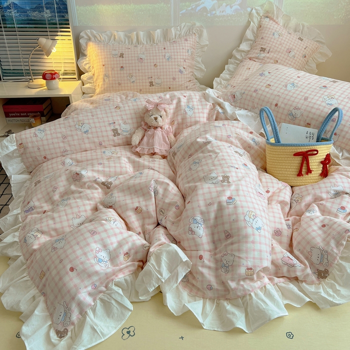 91家纺网 家纺一手货源 找家纺 六巷胡同 2026新款韩式INS减龄花边款全棉卡通四件套（会员-5元) 花边卡哇伊猫咪