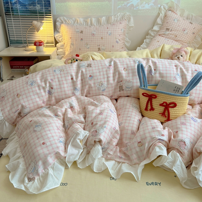 91家纺网 家纺一手货源 找家纺 六巷胡同 2026新款韩式INS减龄花边款全棉卡通四件套（会员-5元) 花边卡哇伊猫咪