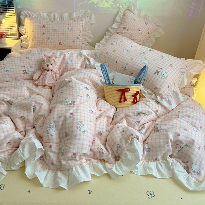 91家纺网 家纺一手货源 找家纺 六巷胡同 2026新款韩式INS减龄花边款全棉卡通四件套（会员-5元) 花边卡哇伊猫咪