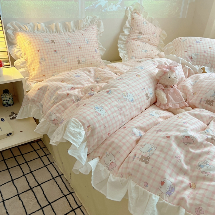 91家纺网 家纺一手货源 找家纺 六巷胡同 2026新款韩式INS减龄花边款全棉卡通四件套（会员-5元) 花边卡哇伊猫咪