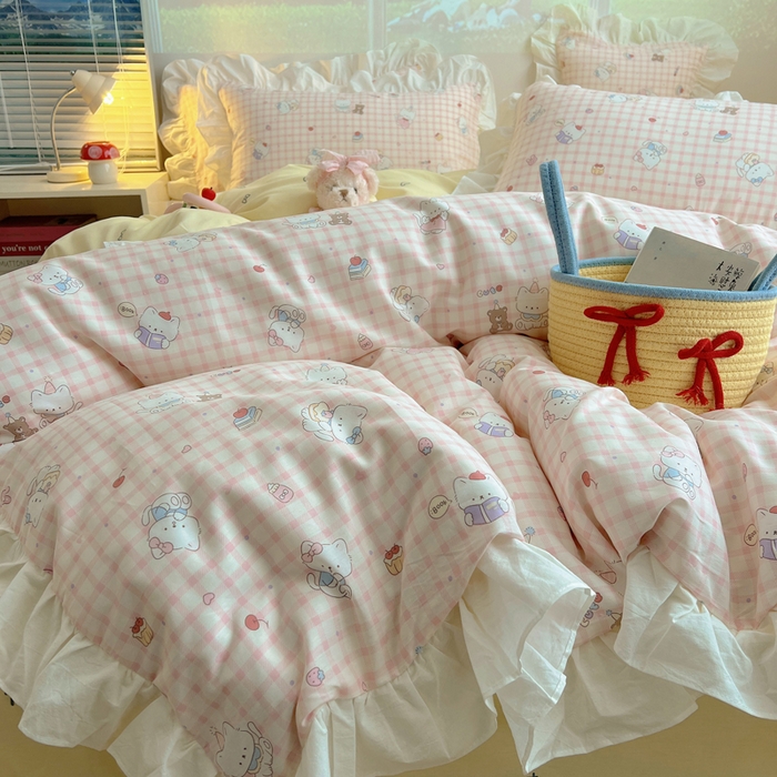 91家纺网 家纺一手货源 找家纺 六巷胡同 2026新款韩式INS减龄花边款全棉卡通四件套（会员-5元) 花边卡哇伊猫咪