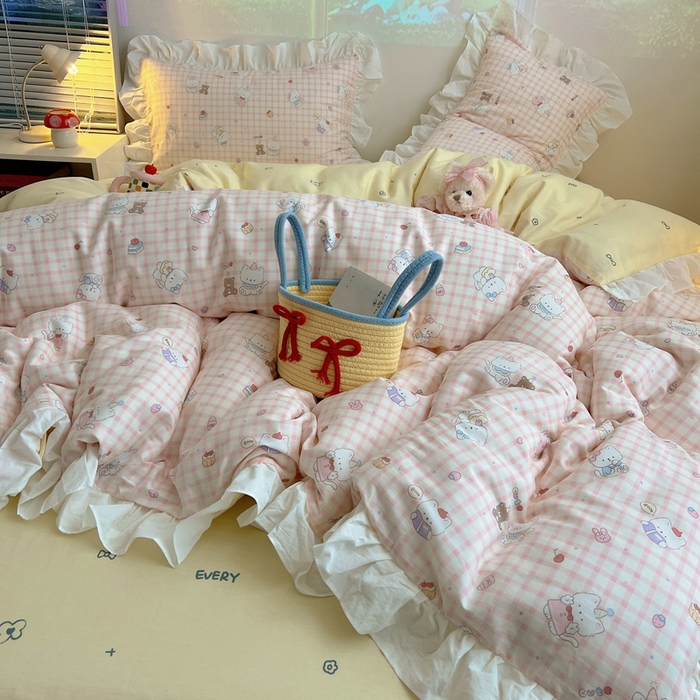 91家纺网 家纺一手货源 找家纺 六巷胡同 2026新款韩式INS减龄花边款全棉卡通四件套（会员-5元) 花边卡哇伊猫咪