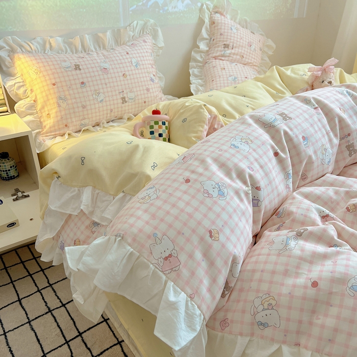 91家纺网 家纺一手货源 找家纺 六巷胡同 2026新款韩式INS减龄花边款全棉卡通四件套（会员-5元) 花边卡哇伊猫咪