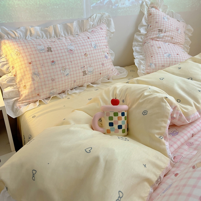 91家纺网 家纺一手货源 找家纺 六巷胡同 2026新款韩式INS减龄花边款全棉卡通四件套（会员-5元) 花边卡哇伊猫咪