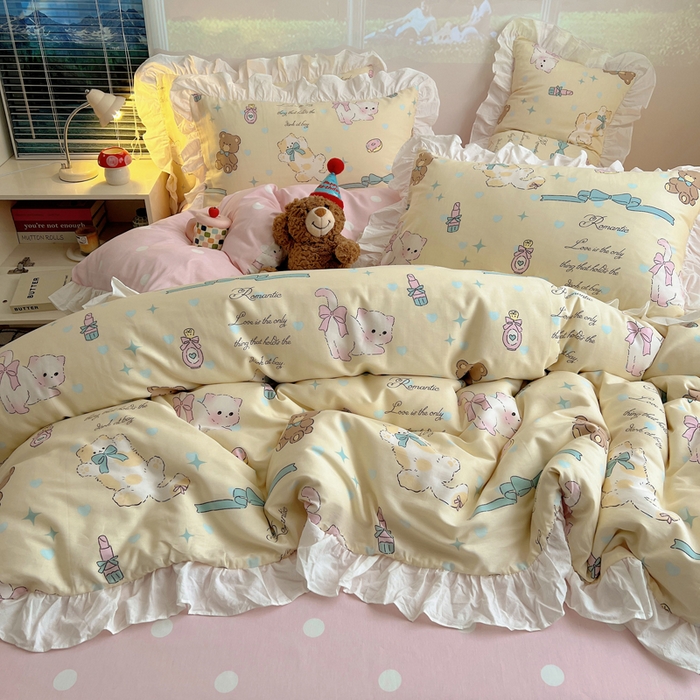 91家纺网 家纺一手货源 找家纺 六巷胡同 2026新款韩式INS减龄花边款全棉卡通四件套（会员-5元) 花边猫咪甜甜圈