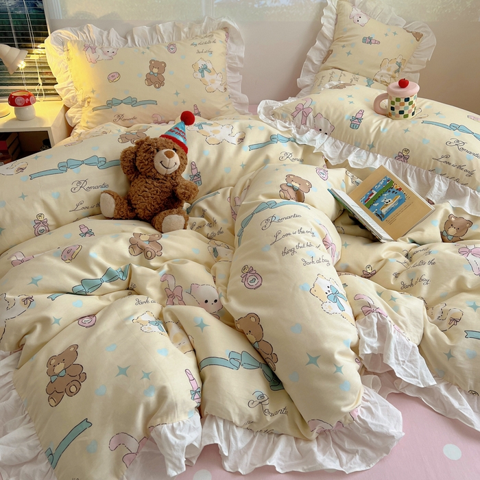 91家纺网 家纺一手货源 找家纺 六巷胡同 2026新款韩式INS减龄花边款全棉卡通四件套（会员-5元) 花边猫咪甜甜圈