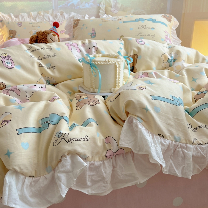 91家纺网 家纺一手货源 找家纺 六巷胡同 2026新款韩式INS减龄花边款全棉卡通四件套（会员-5元) 花边猫咪甜甜圈