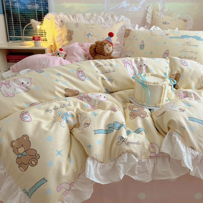 91家纺网 家纺一手货源 找家纺 六巷胡同 2026新款韩式INS减龄花边款全棉卡通四件套（会员-5元) 花边猫咪甜甜圈