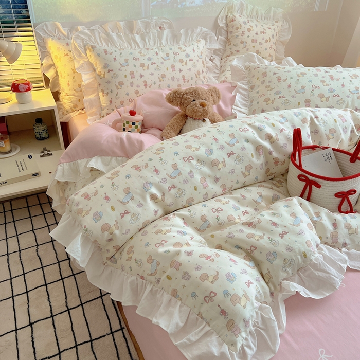 六巷胡同 2026新款韩式INS减龄花边款全棉卡通四件套（会员-5元) 花边狗狗见面会