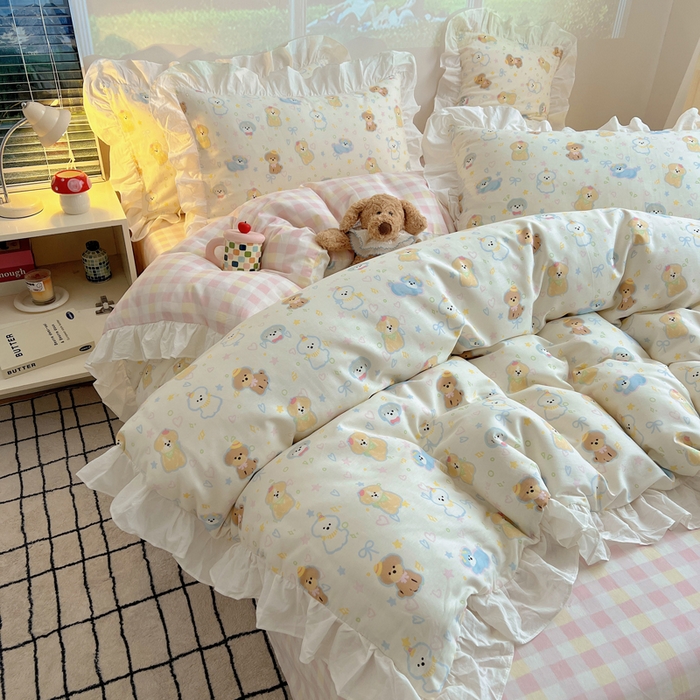 六巷胡同 2026新款韩式INS减龄花边款全棉卡通四件套（会员-5元) 花边童话涂鸦狗