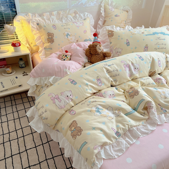 91家纺网 家纺一手货源 找家纺 （总）六巷胡同 2026新款韩式INS减龄花边款全棉卡通四件套（会员-5元)