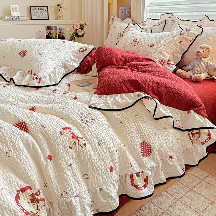 （总）芯贝儿 2026新品加厚法式泡芙棉水洗棉云感皱皱双层纱花边四件套