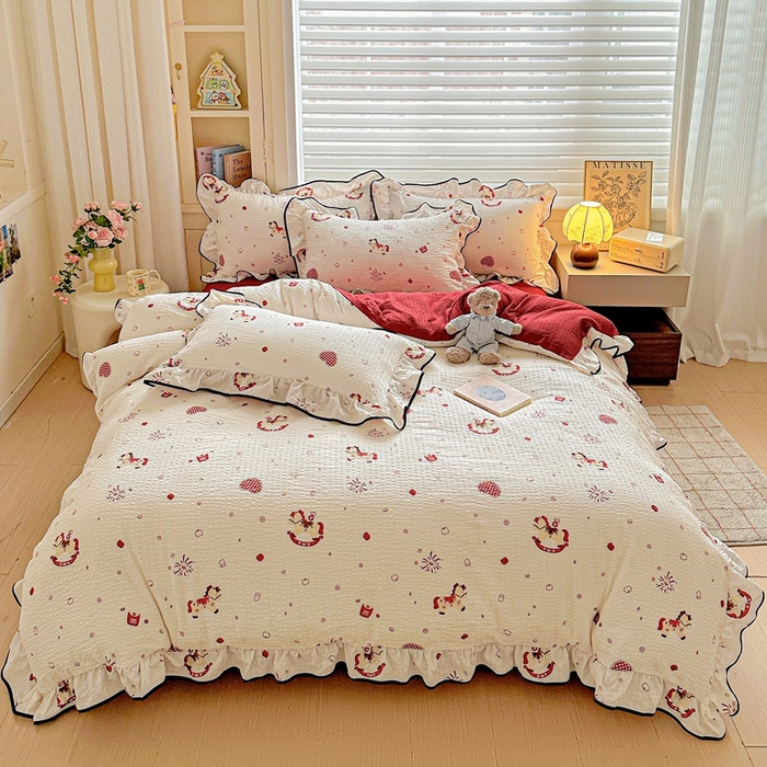 91家纺网 家纺一手货源 找家纺 （总）芯贝儿 2026新品加厚法式泡芙棉水洗棉云感皱皱双层纱花边四件套