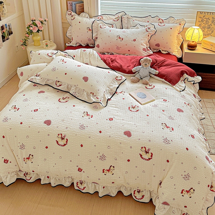 91家纺网 家纺一手货源 找家纺 （总）芯贝儿 2026新品加厚法式泡芙棉水洗棉云感皱皱双层纱花边四件套