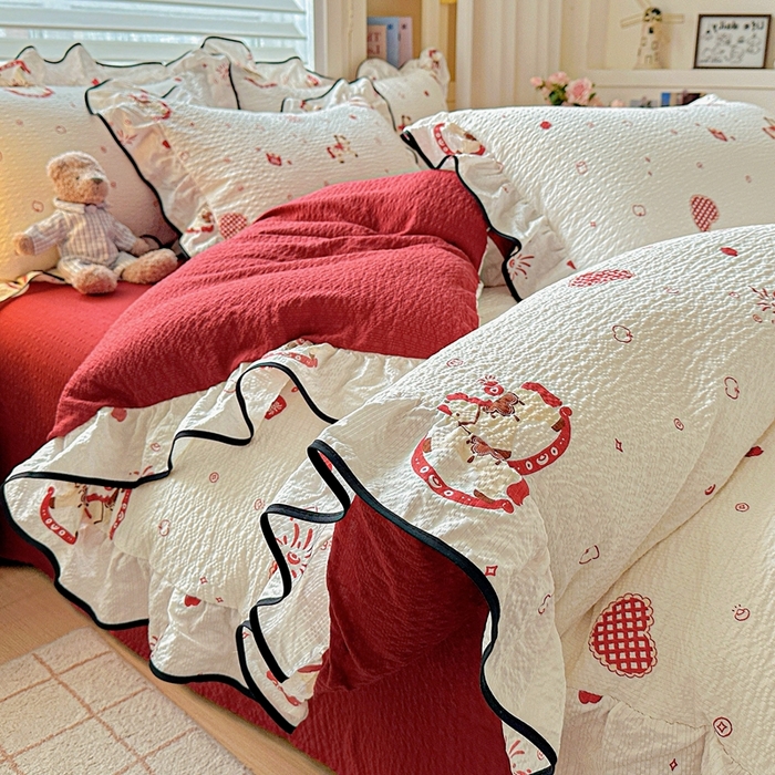 91家纺网 家纺一手货源 找家纺 （总）芯贝儿 2026新品加厚法式泡芙棉水洗棉云感皱皱双层纱花边四件套