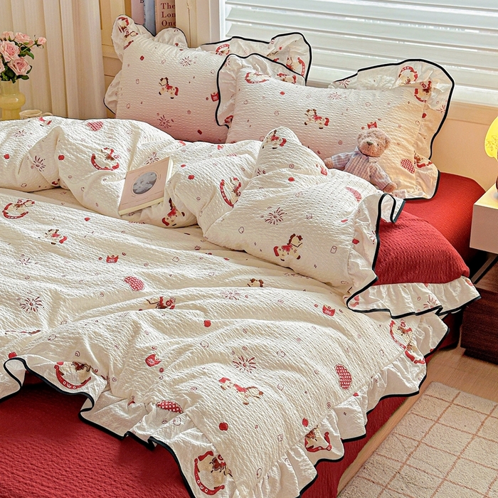 91家纺网 家纺一手货源 找家纺 （总）芯贝儿 2026新品加厚法式泡芙棉水洗棉云感皱皱双层纱花边四件套