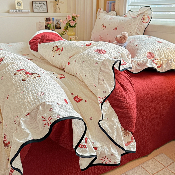 91家纺网 家纺一手货源 找家纺 （总）芯贝儿 2026新品加厚法式泡芙棉水洗棉云感皱皱双层纱花边四件套