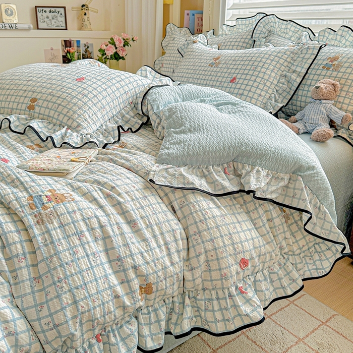 91家纺网 家纺一手货源 找家纺 （总）芯贝儿 2026新品加厚法式泡芙棉水洗棉云感皱皱双层纱花边四件套