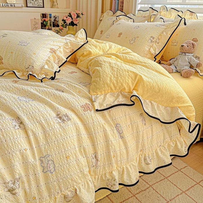 91家纺网 家纺一手货源 找家纺 芯贝儿 2026新品加厚法式泡芙棉水洗棉云感皱皱双层纱花边四件套 奇奇乐园