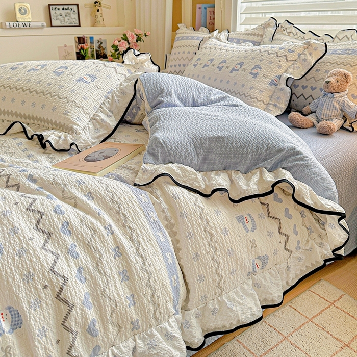 91家纺网 家纺一手货源 找家纺 （总）芯贝儿 2026新品加厚法式泡芙棉水洗棉云感皱皱双层纱花边四件套