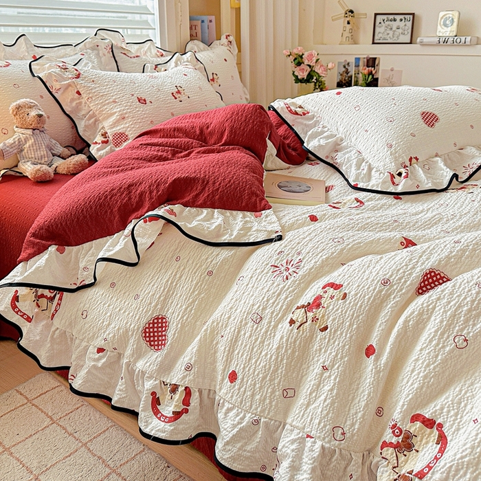 91家纺网 家纺一手货源 找家纺 芯贝儿 2026新品加厚法式泡芙棉水洗棉云感皱皱双层纱花边四件套 马上有钱