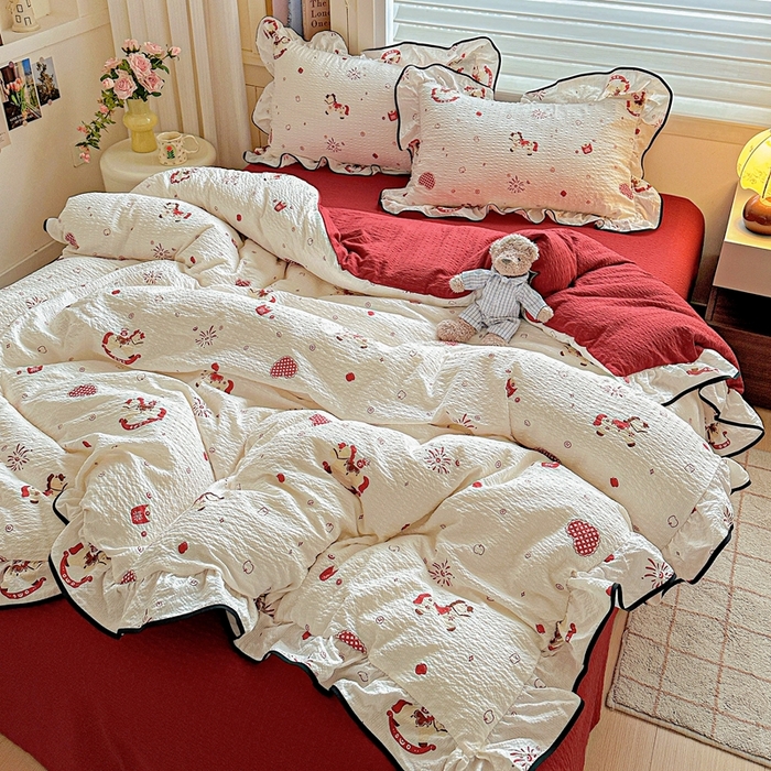 91家纺网 家纺一手货源 找家纺 芯贝儿 2026新品加厚法式泡芙棉水洗棉云感皱皱双层纱花边四件套 马上有钱