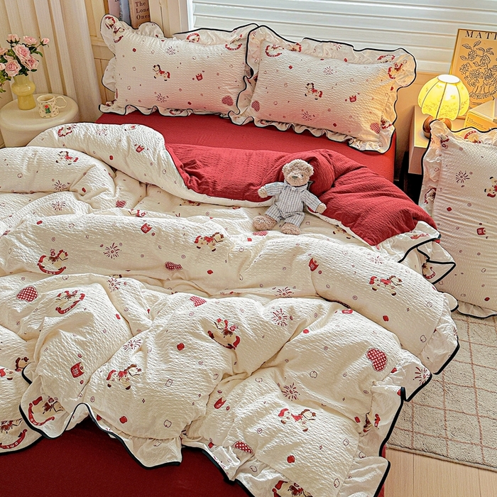 91家纺网 家纺一手货源 找家纺 芯贝儿 2026新品加厚法式泡芙棉水洗棉云感皱皱双层纱花边四件套 马上有钱