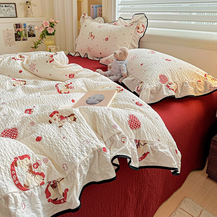 91家纺网 家纺一手货源 找家纺 芯贝儿 2026新品加厚法式泡芙棉水洗棉云感皱皱双层纱花边四件套 马上有钱