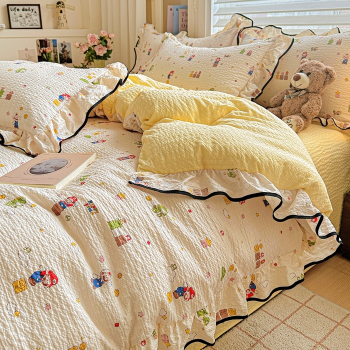 芯贝儿 2026新品加厚法式泡芙棉水洗棉云感皱皱双层纱花边四件套 超级玛丽