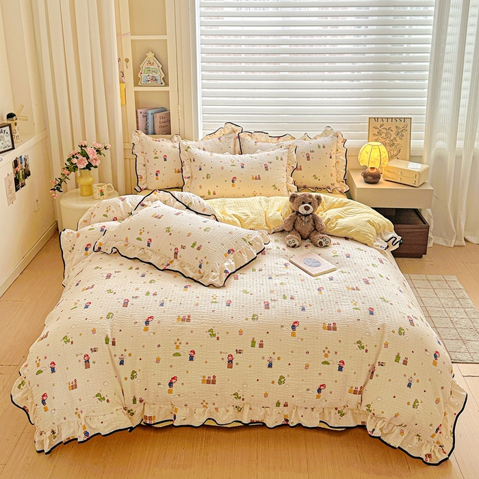 91家纺网 家纺一手货源 找家纺 芯贝儿 2026新品加厚法式泡芙棉水洗棉云感皱皱双层纱花边四件套 超级玛丽