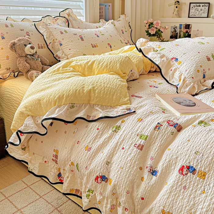 91家纺网 家纺一手货源 找家纺 芯贝儿 2026新品加厚法式泡芙棉水洗棉云感皱皱双层纱花边四件套 超级玛丽