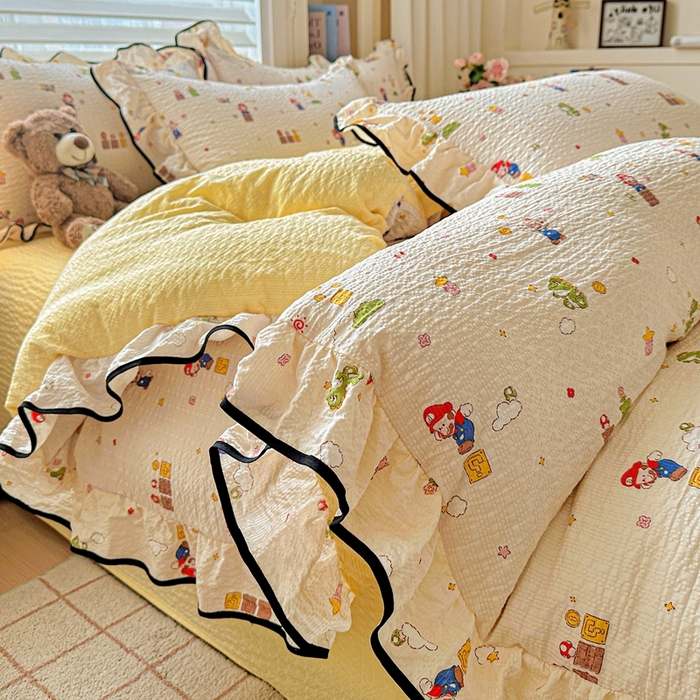 91家纺网 家纺一手货源 找家纺 芯贝儿 2026新品加厚法式泡芙棉水洗棉云感皱皱双层纱花边四件套 超级玛丽