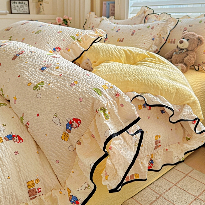 91家纺网 家纺一手货源 找家纺 芯贝儿 2026新品加厚法式泡芙棉水洗棉云感皱皱双层纱花边四件套 超级玛丽