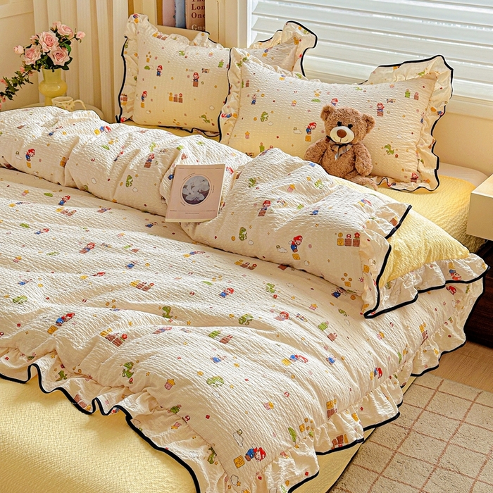 91家纺网 家纺一手货源 找家纺 芯贝儿 2026新品加厚法式泡芙棉水洗棉云感皱皱双层纱花边四件套 超级玛丽