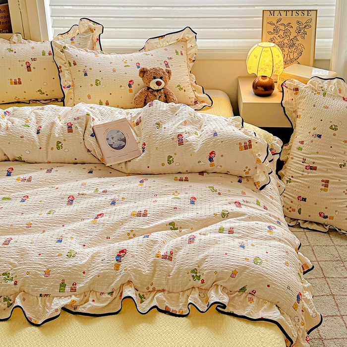 91家纺网 家纺一手货源 找家纺 芯贝儿 2026新品加厚法式泡芙棉水洗棉云感皱皱双层纱花边四件套 超级玛丽