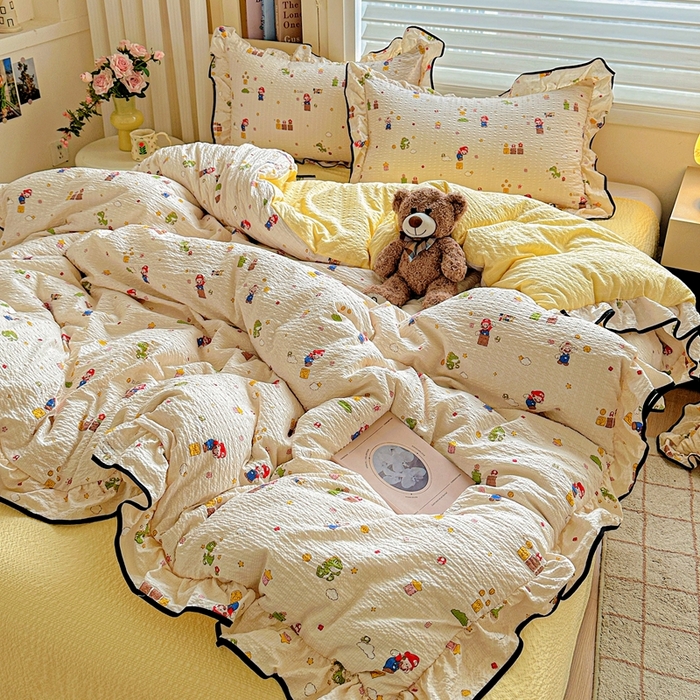 91家纺网 家纺一手货源 找家纺 芯贝儿 2026新品加厚法式泡芙棉水洗棉云感皱皱双层纱花边四件套 超级玛丽