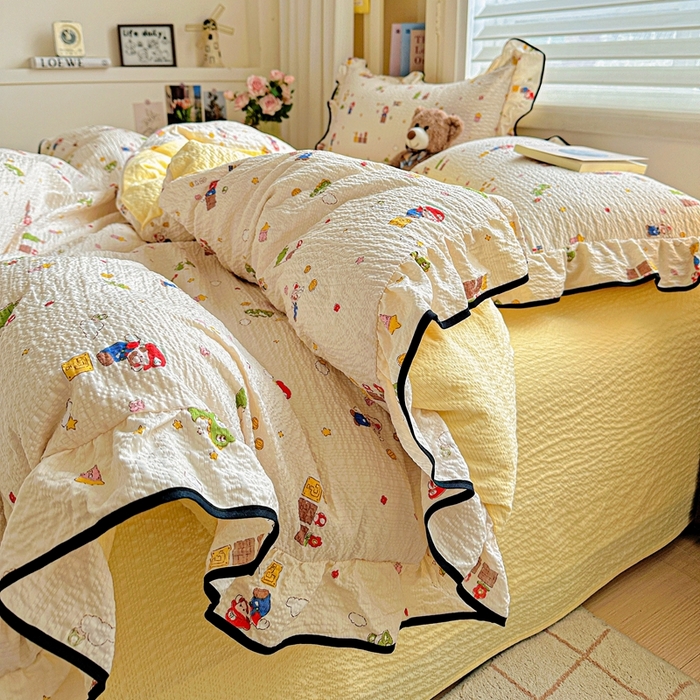 91家纺网 家纺一手货源 找家纺 芯贝儿 2026新品加厚法式泡芙棉水洗棉云感皱皱双层纱花边四件套 超级玛丽