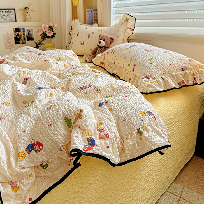 91家纺网 家纺一手货源 找家纺 芯贝儿 2026新品加厚法式泡芙棉水洗棉云感皱皱双层纱花边四件套 超级玛丽