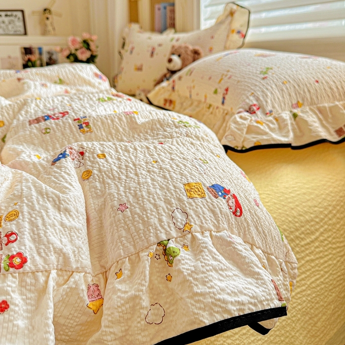 91家纺网 家纺一手货源 找家纺 芯贝儿 2026新品加厚法式泡芙棉水洗棉云感皱皱双层纱花边四件套 超级玛丽