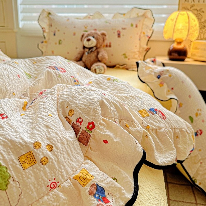 91家纺网 家纺一手货源 找家纺 芯贝儿 2026新品加厚法式泡芙棉水洗棉云感皱皱双层纱花边四件套 超级玛丽