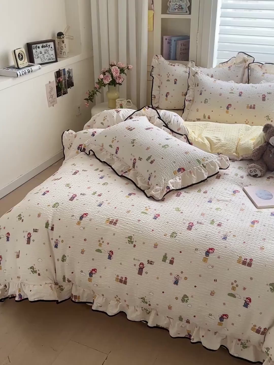 91家纺网 家纺一手货源 找家纺 芯贝儿 2026新品加厚法式泡芙棉水洗棉云感皱皱双层纱花边四件套 超级玛丽