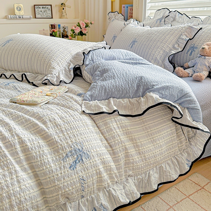 芯贝儿 2026新品加厚法式泡芙棉水洗棉云感皱皱双层纱花边四件套 蝶梦