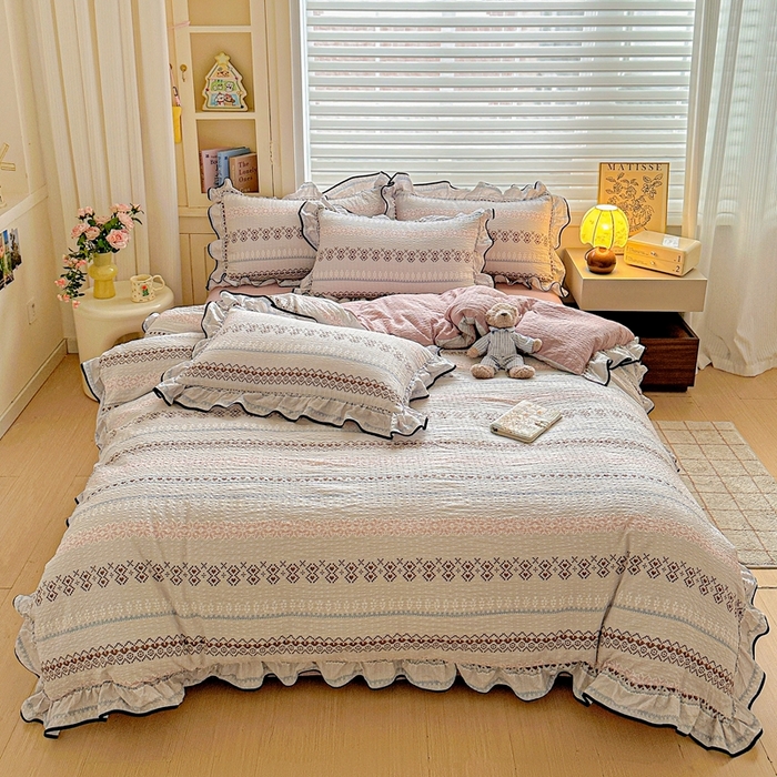 91家纺网 家纺一手货源 找家纺 芯贝儿 2026新品加厚法式泡芙棉水洗棉云感皱皱双层纱花边四件套 蓝调