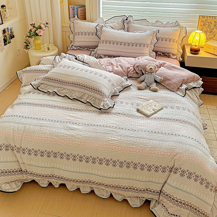 91家纺网 家纺一手货源 找家纺 芯贝儿 2026新品加厚法式泡芙棉水洗棉云感皱皱双层纱花边四件套 蓝调